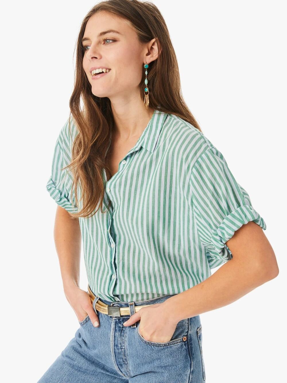 Xirena Teddy Shirt L Trellis Green striped relaxed boxy fit Top Button up down